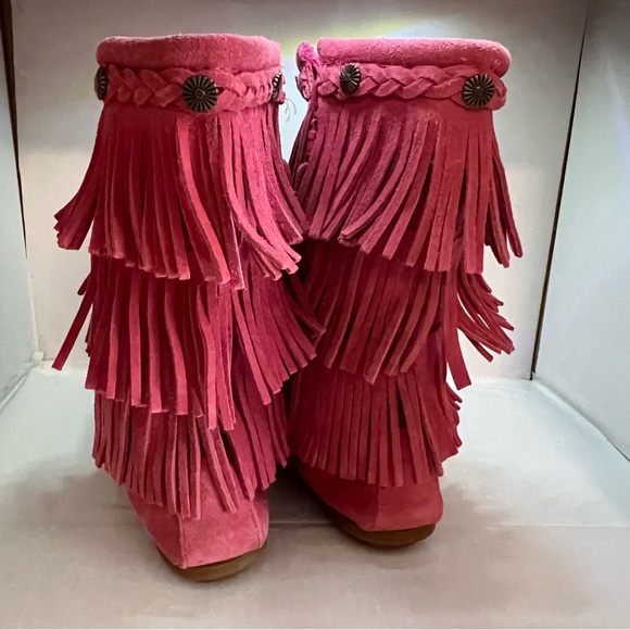 MINNETONKA Moccasin 3 Layer PINK Fringe Suede Boots Shoes Zip Girls 4 •MUST SEE• - Picture 9 of 12